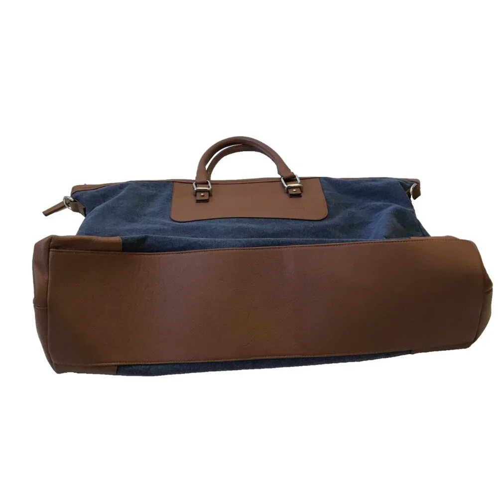 Eleventy Canvas Leather Travel Tote Bag Mens Navy Blue Brown Commuter Top Zipper